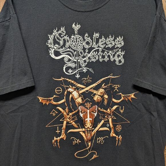 Y2K Mid 2000s Godless Rising Trumpets of Triumph Metal T shirt - Picture 3 of 4